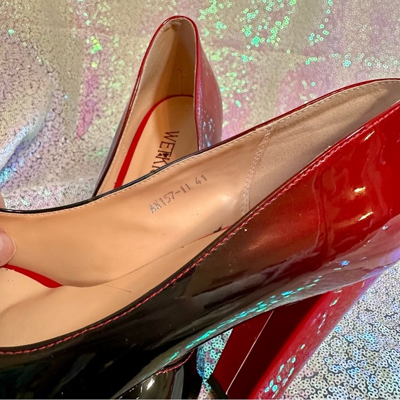 Wet❤️Kiss Ombré Block Heel Patent Leather Pointed Top Black to Red Pumps - Picture 10 of 12